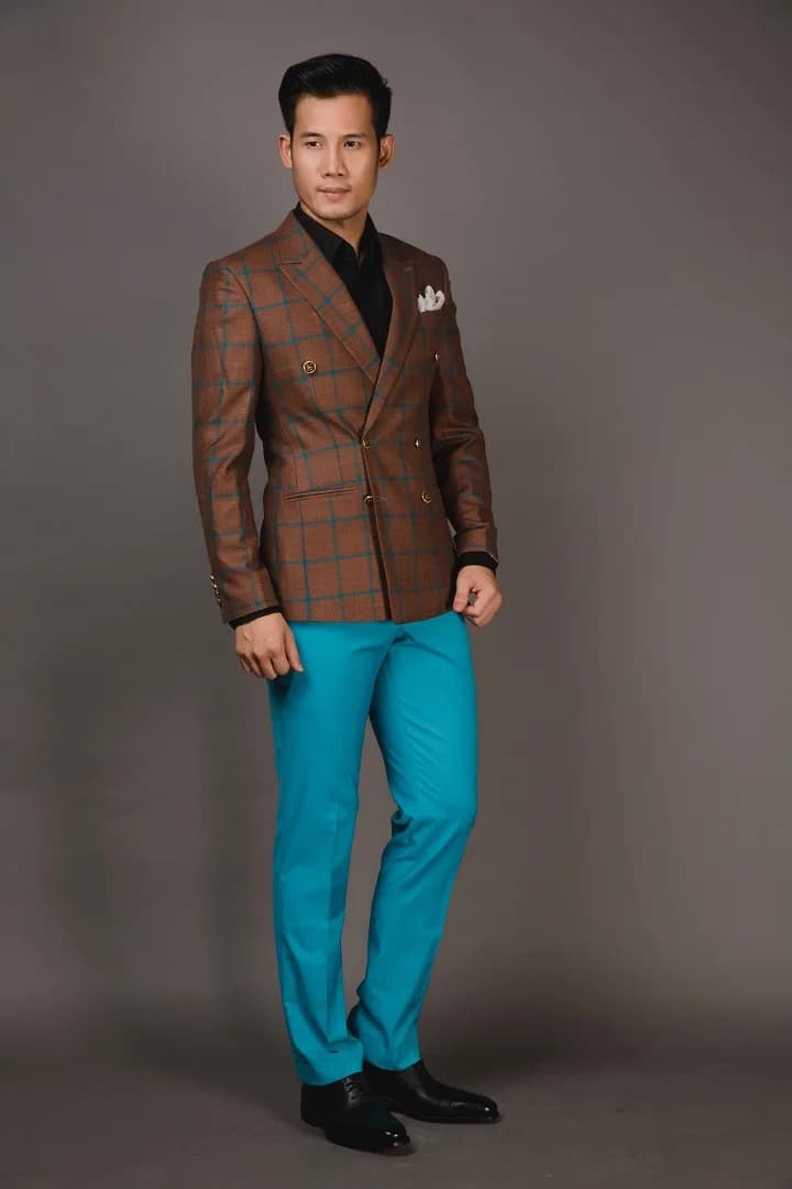 Blazer Nâu Đồng Caro Kẻ Xanh Ngọc Hai Hàng Khuy — SN-261