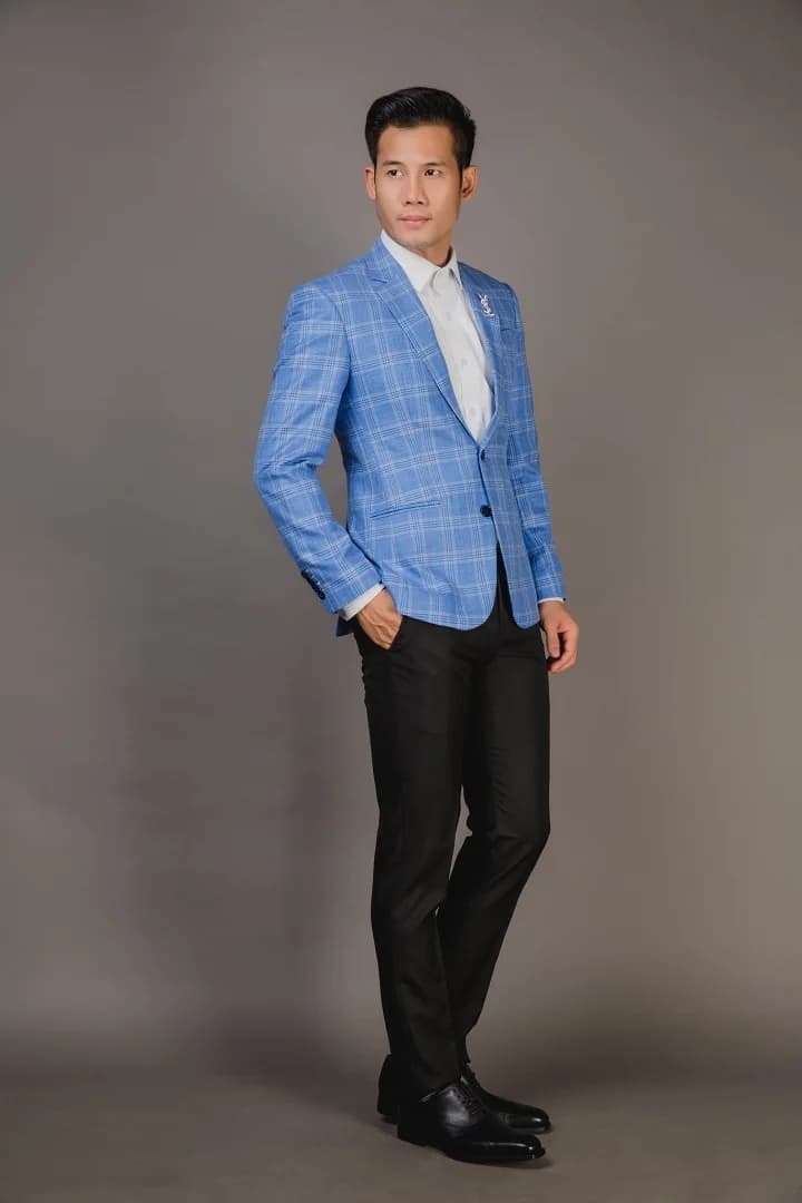 Blazer Xanh Dương Caro Ô Lớn Kẻ Trắng 2 Khuy — SN-262
