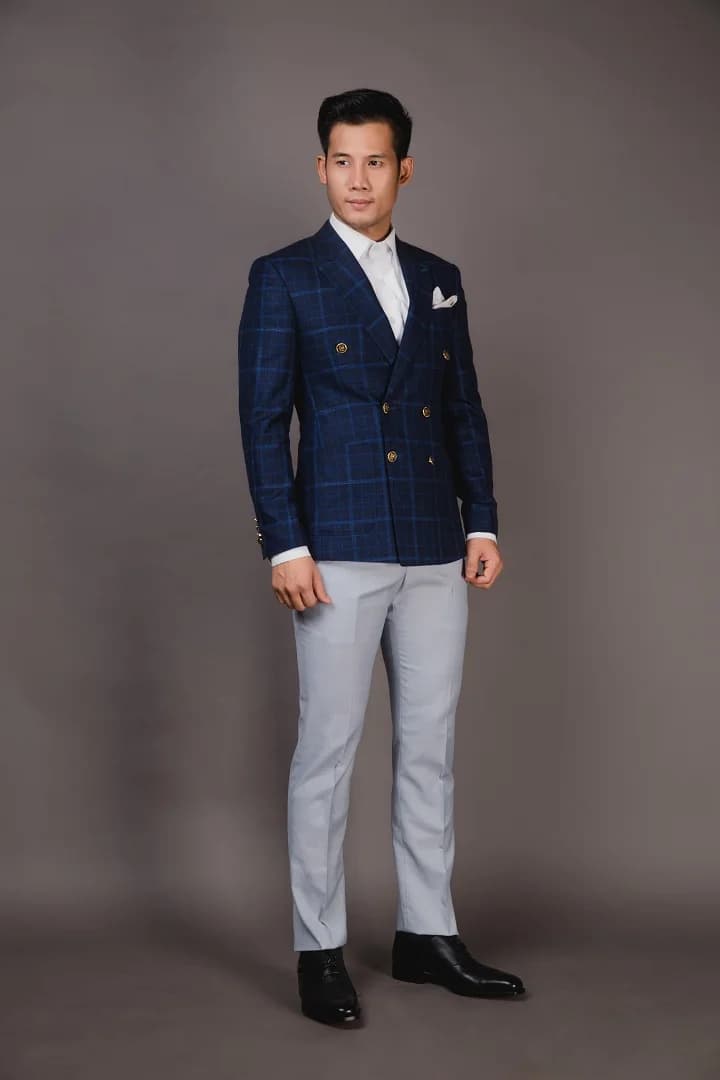 Blazer Navy Caro Xanh Dương, Cài Kép Khuy Vàng — SN-266