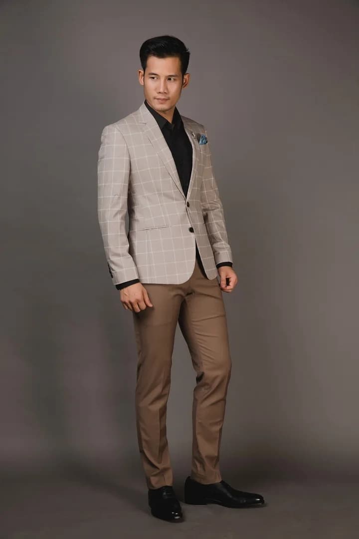 Blazer Be Xám Nhạt Windowpane Kẻ Trắng — SN-268
