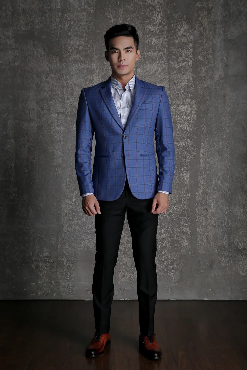 Blazer Xanh Cobalt Caro Ô Lớn Kẻ Tím Đen — SN-271