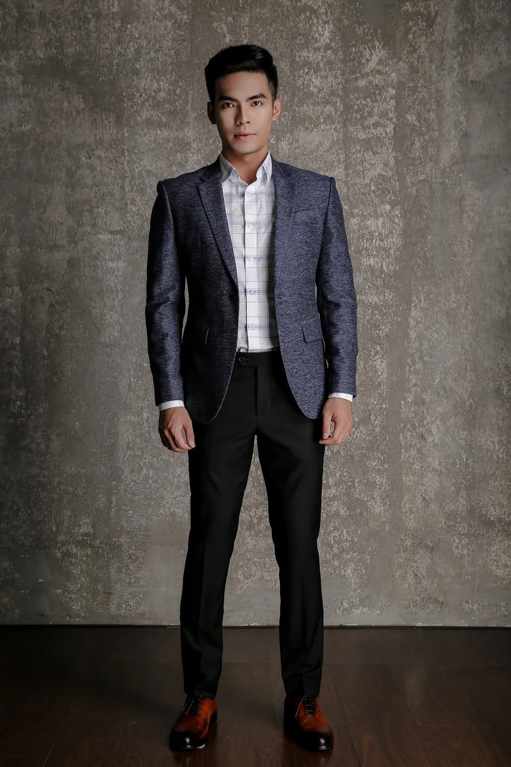 Blazer Xanh Navy Melange Một Khuy Túi Nắp — SN-272