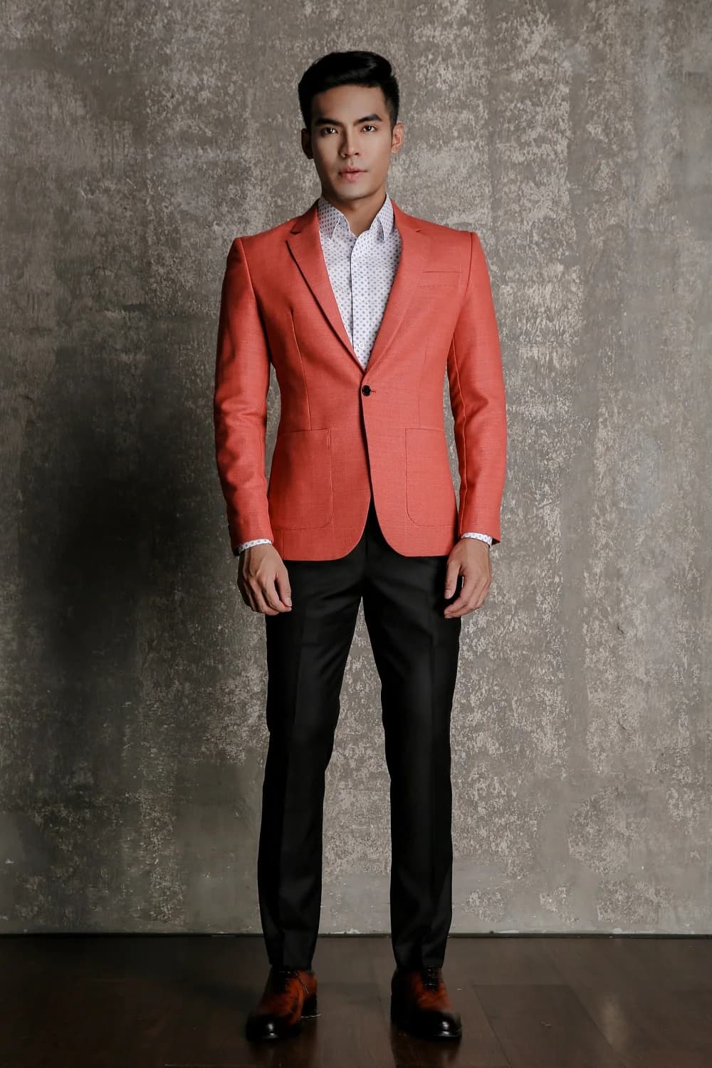 Blazer Cam San Hô Dệt Nổi Vân Hai Túi Đắp — SN-277