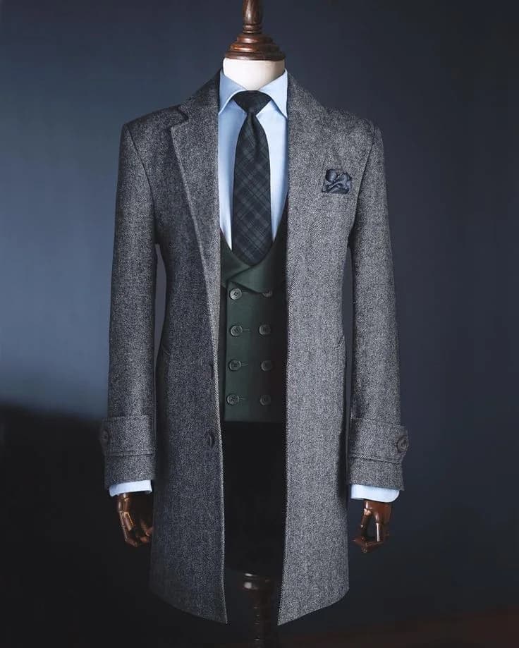 Áo Măng Tô Tweed Xương Cá Xám Tay Có Đai — SN-284