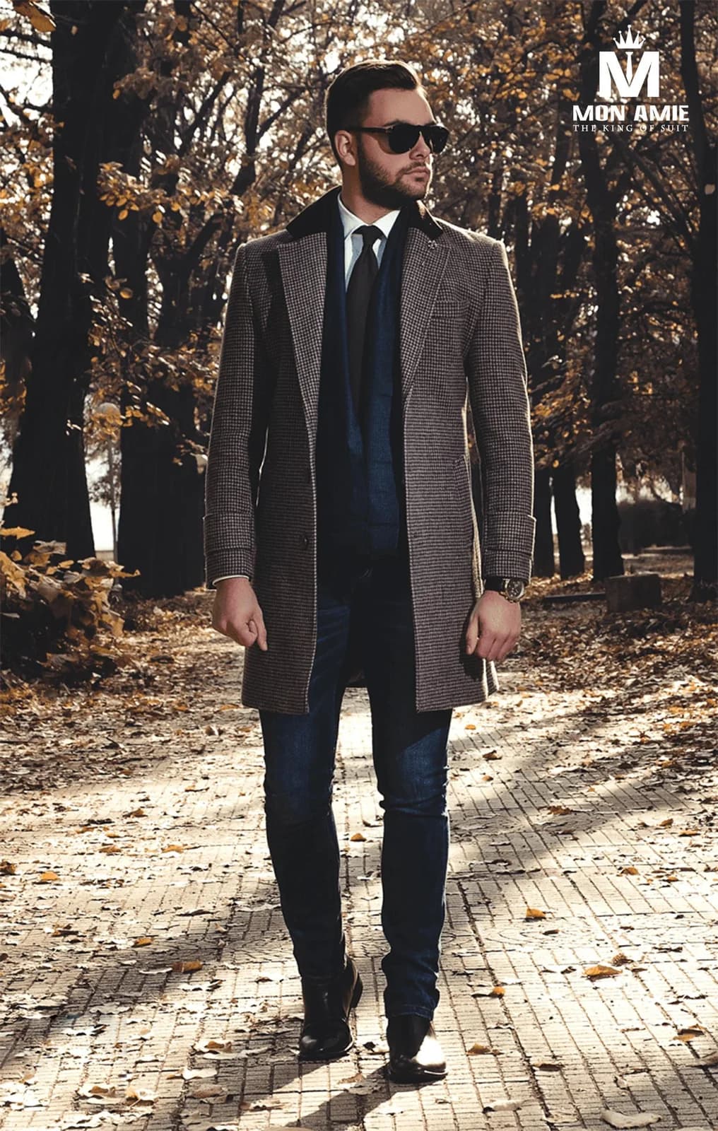 Áo Măng Tô Houndstooth Nâu Xám Cổ Nhung Đen — SN-285