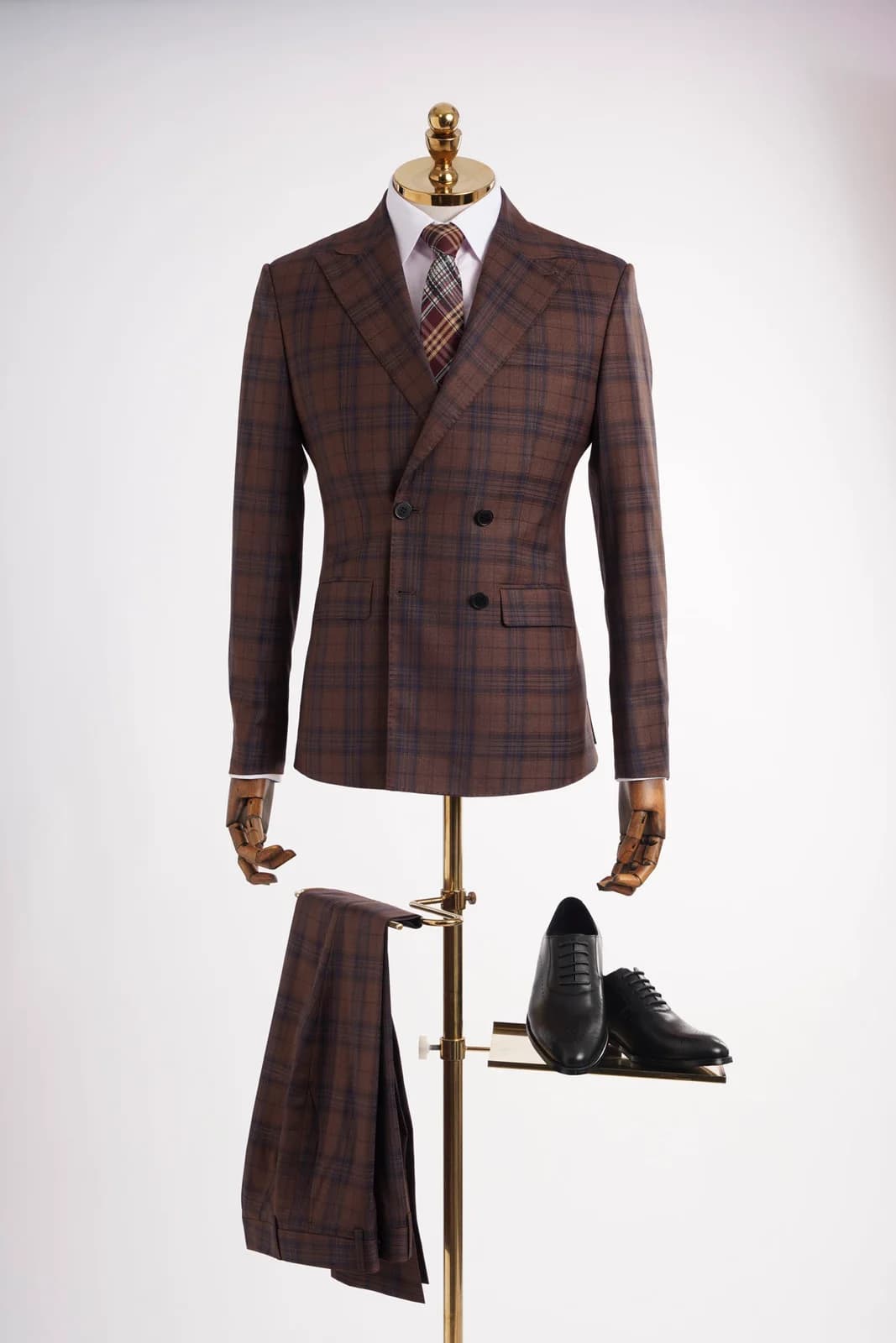 Suit Hai Hàng Nút Nâu Đồng Kẻ Ô Xanh Navy Ve Nhọn — SN-290
