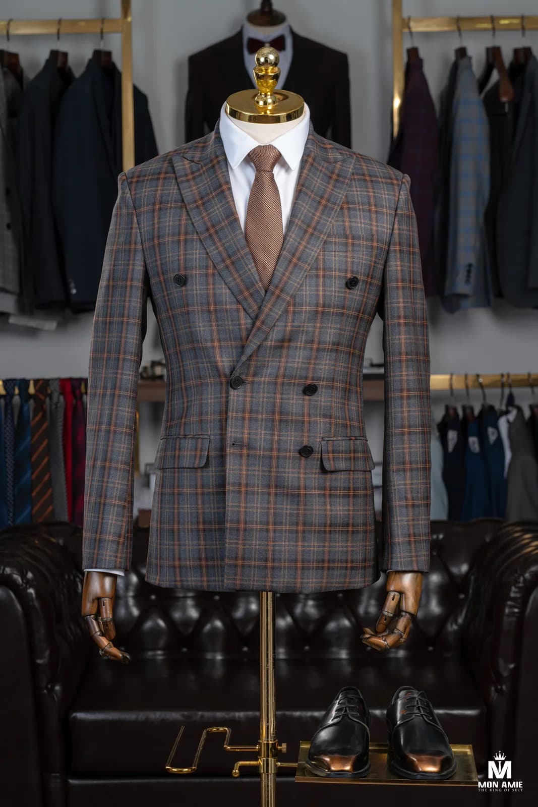 Suit Hai Hàng Nút Xám Than Kẻ Ô Cam Đất Ve Nhọn — SN-296