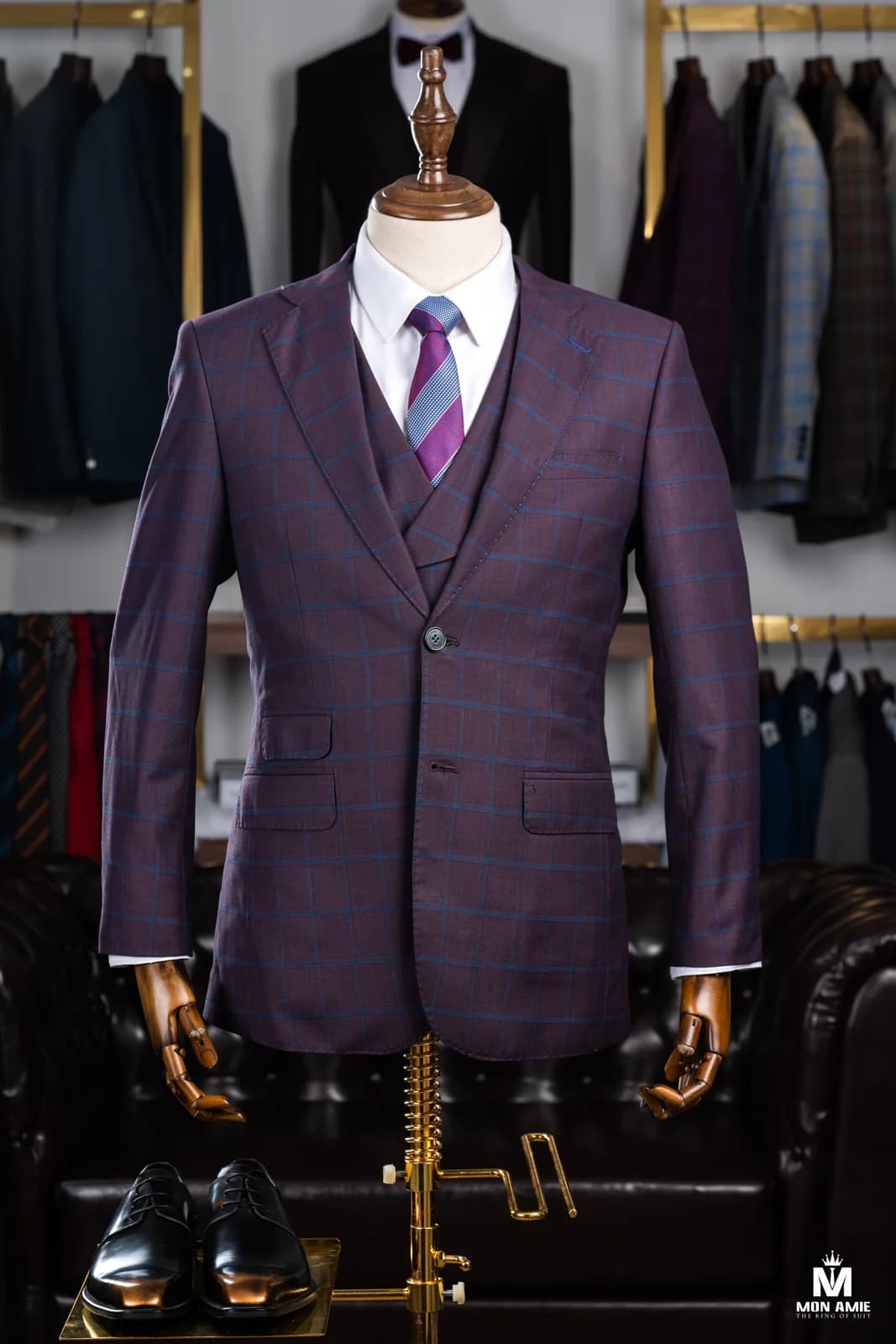 Suit Ba Mảnh Tím Mận Kẻ Ô Cửa Sổ Xanh Gile Hai Hàng — SN-301