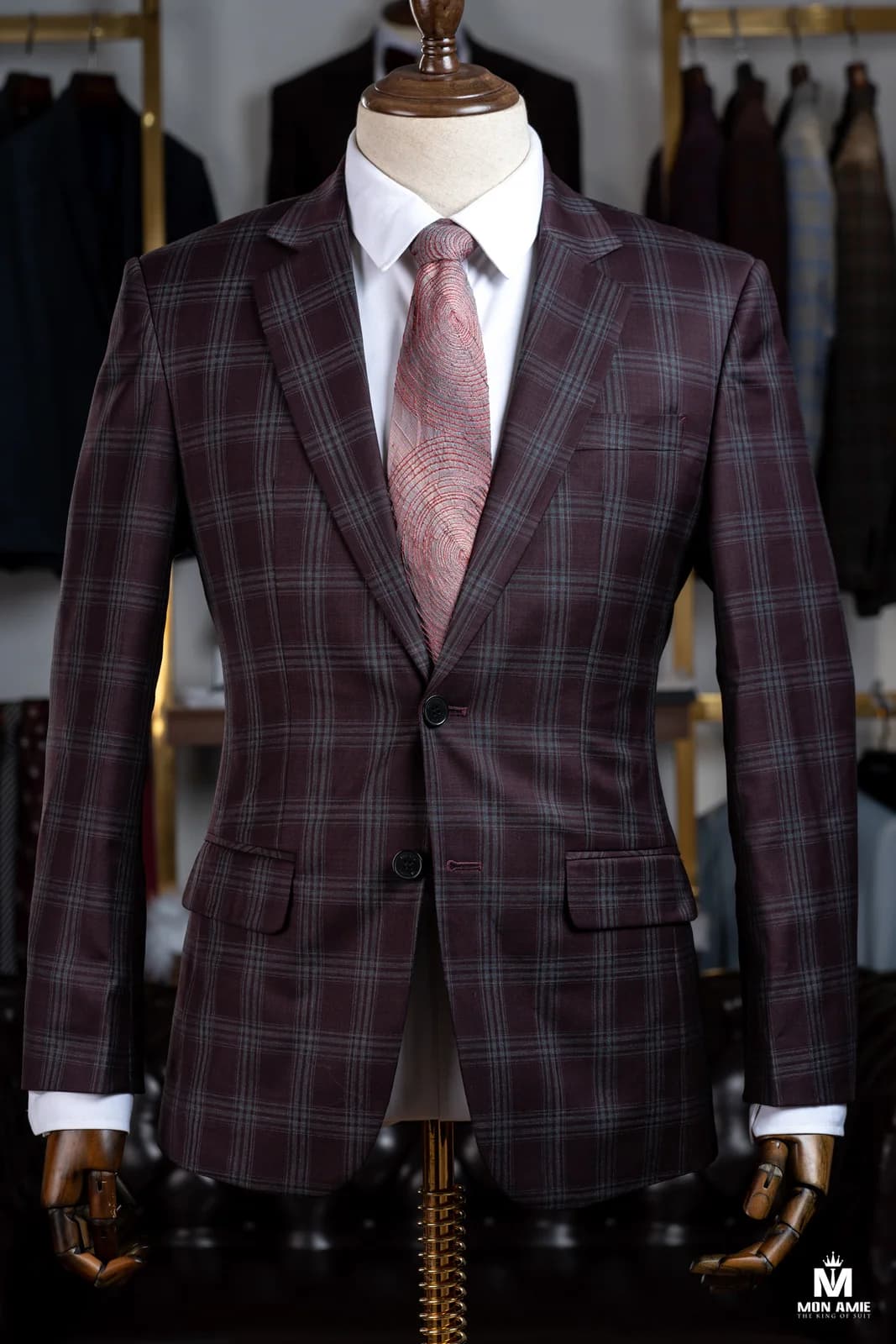 Suit Đỏ Mận Kẻ Ô Xám Xanh Hai Nút Ve Chữ V — SN-304