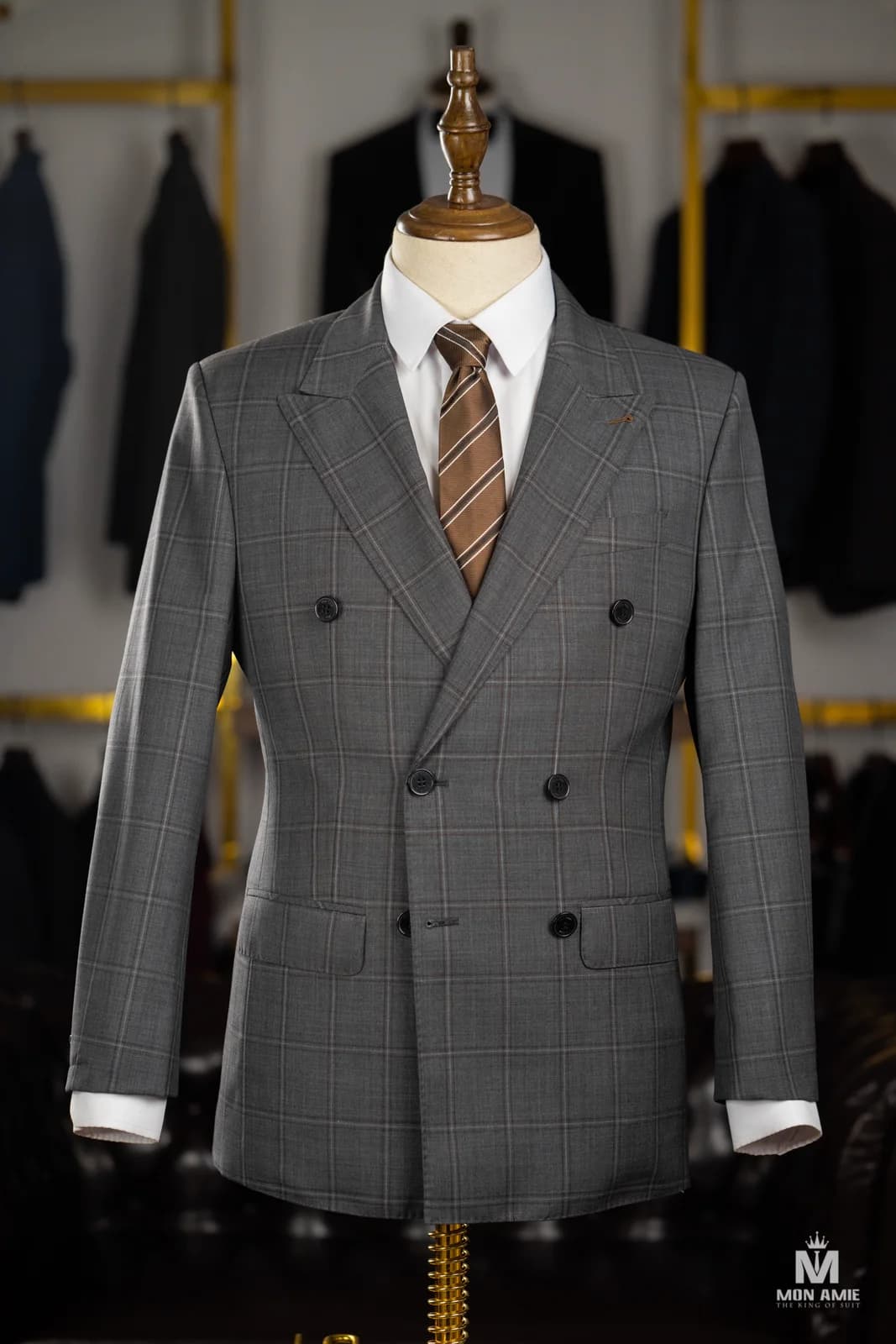 Suit Hai Hàng Nút Xám Khói Kẻ Ô Vạch Nâu Ve Nhọn — SN-306