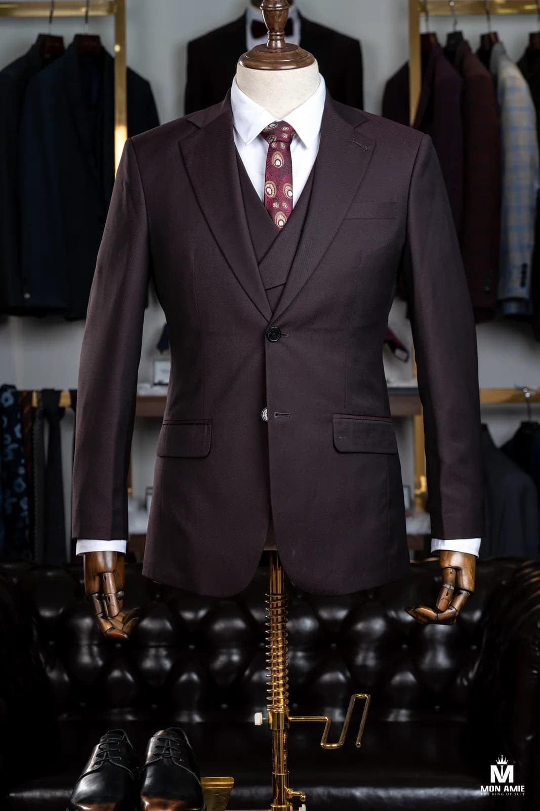 Suit Ba Mảnh Nâu Mận Vân Vi Hạt Gilê Hai Hàng Nút — SN-309