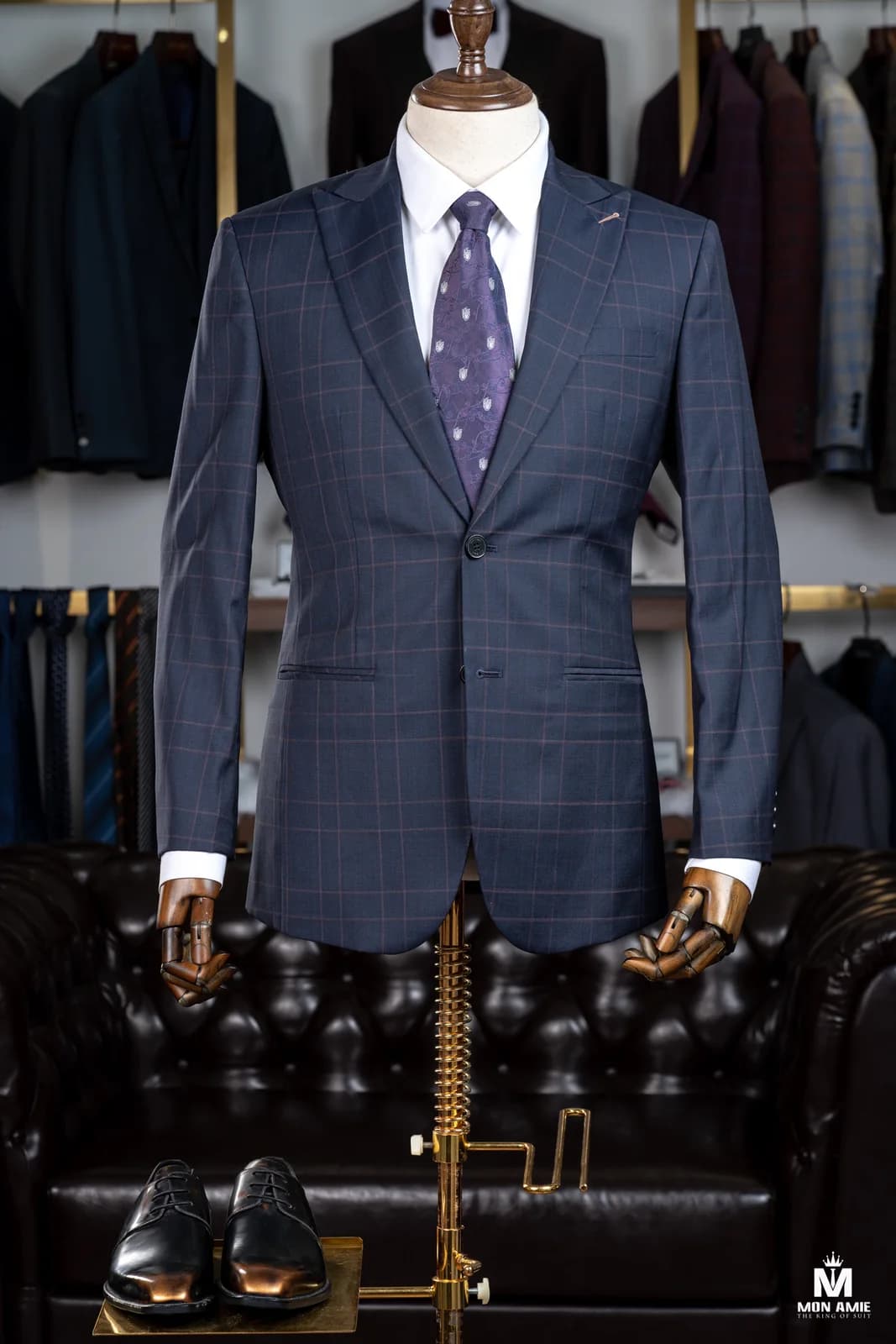 Suit Hai Nút Xanh Navy Kẻ Ô Chỉ Hồng Ve Nhọn — SN-313