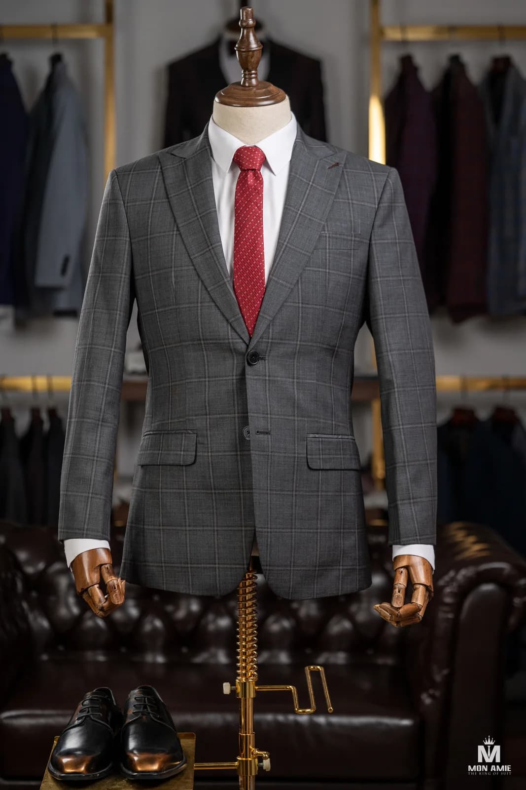 Suit Hai Nút Xám Khói Kẻ Ô Vạch Nâu Đỏ Ve Nhọn — SN-316