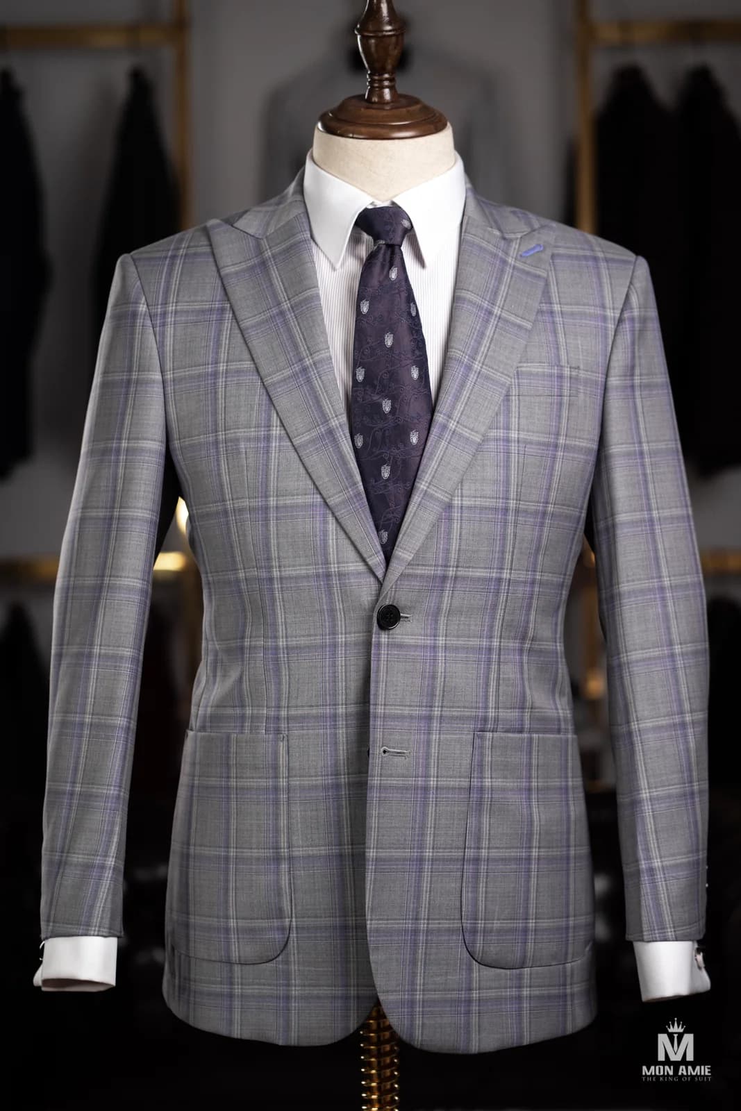 Suit Xám Nhạt Kẻ Ô Tím Oải Hương Ve Nhọn — SN-322