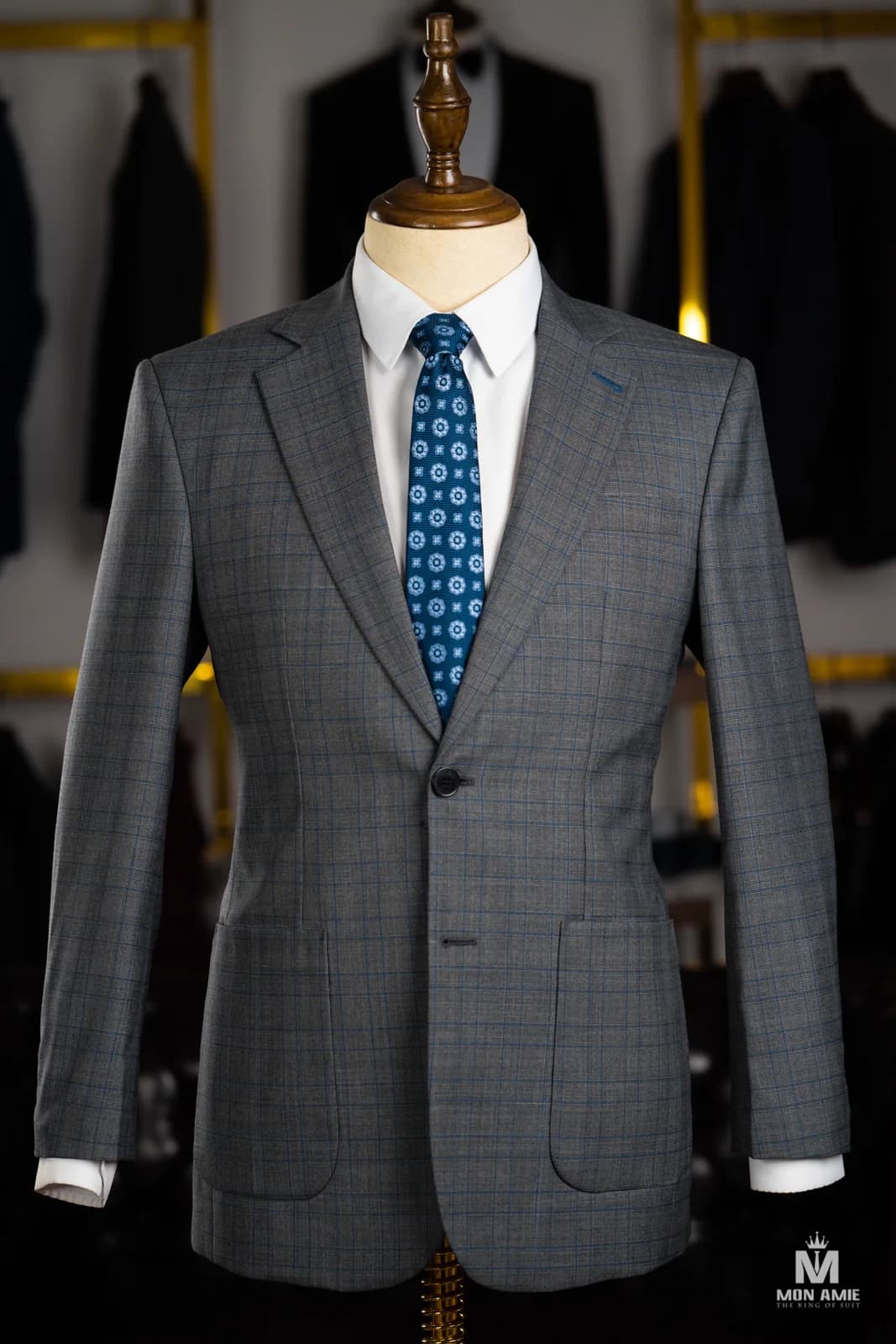 Suit Xám Than Kẻ Ô Xanh Cobalt Ve Chữ V Túi Đắp — SN-325