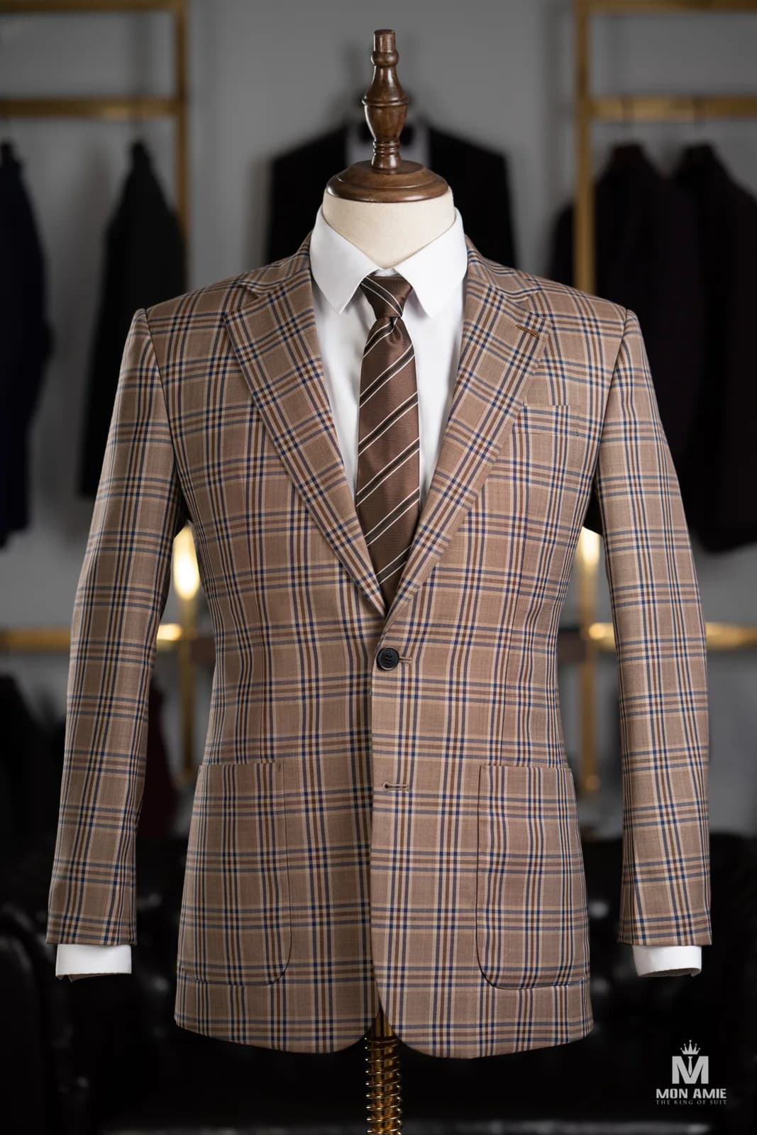 Suit Nâu Cát Kẻ Ô Navy Ve Chữ V Túi Đắp — SN-327