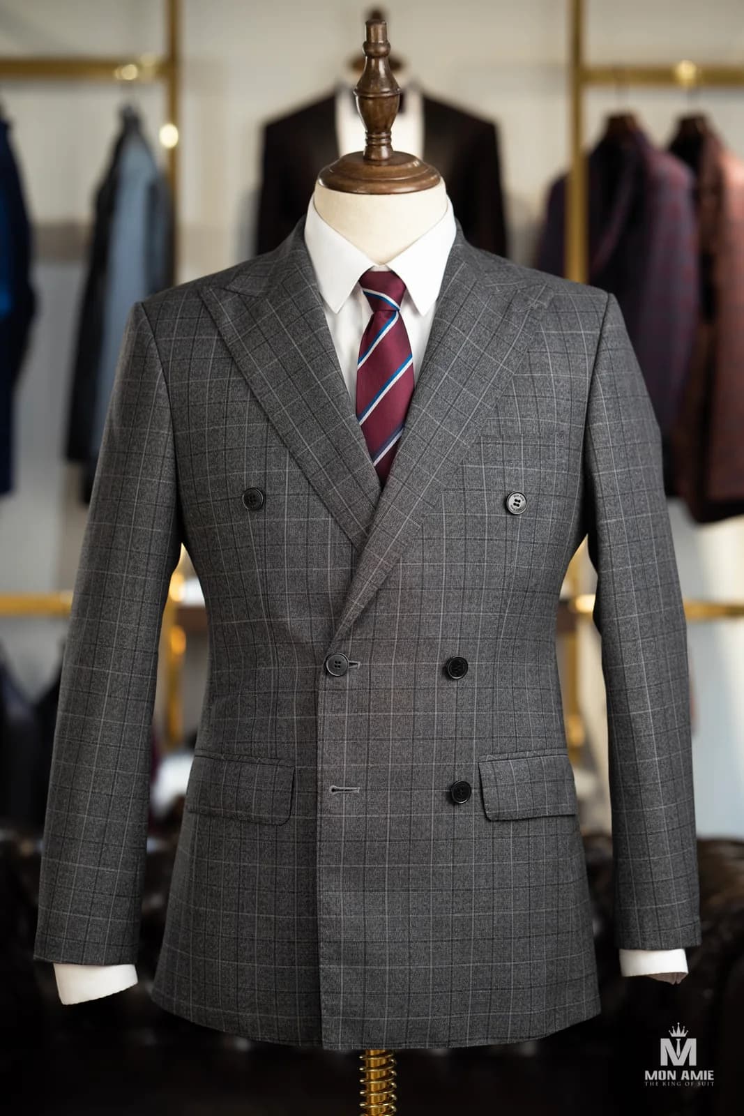 Suit Hai Hàng Nút Xám Than Kẻ Ô Sáng Ve Nhọn — SN-329