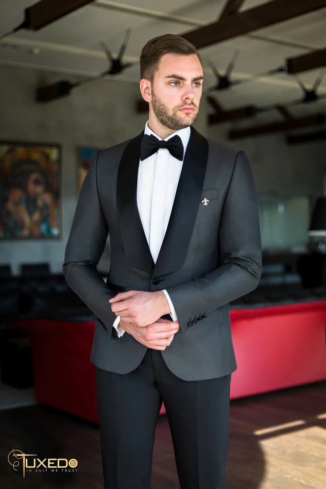 Tuxedo Xám Chì Ve Shawl Satin — TUX-025