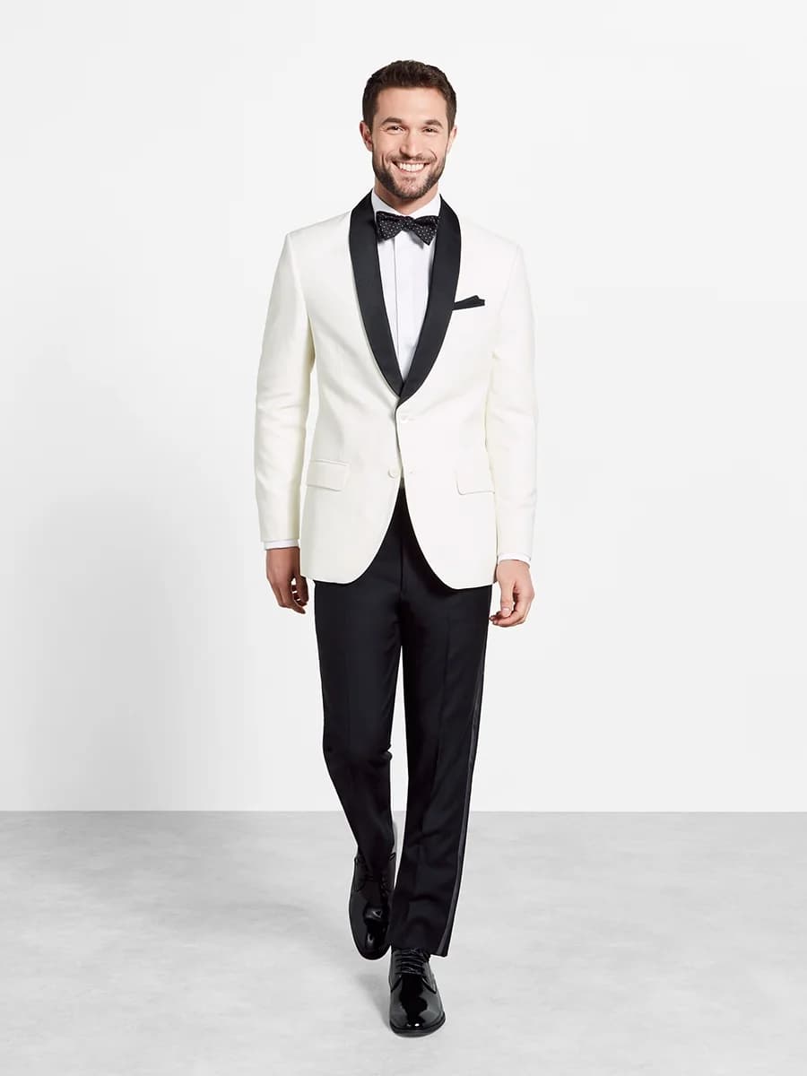 Tuxedo Trắng Ngà Hai Khuy Ve Shawl Đen Nơ Chấm Bi — TUX-120
