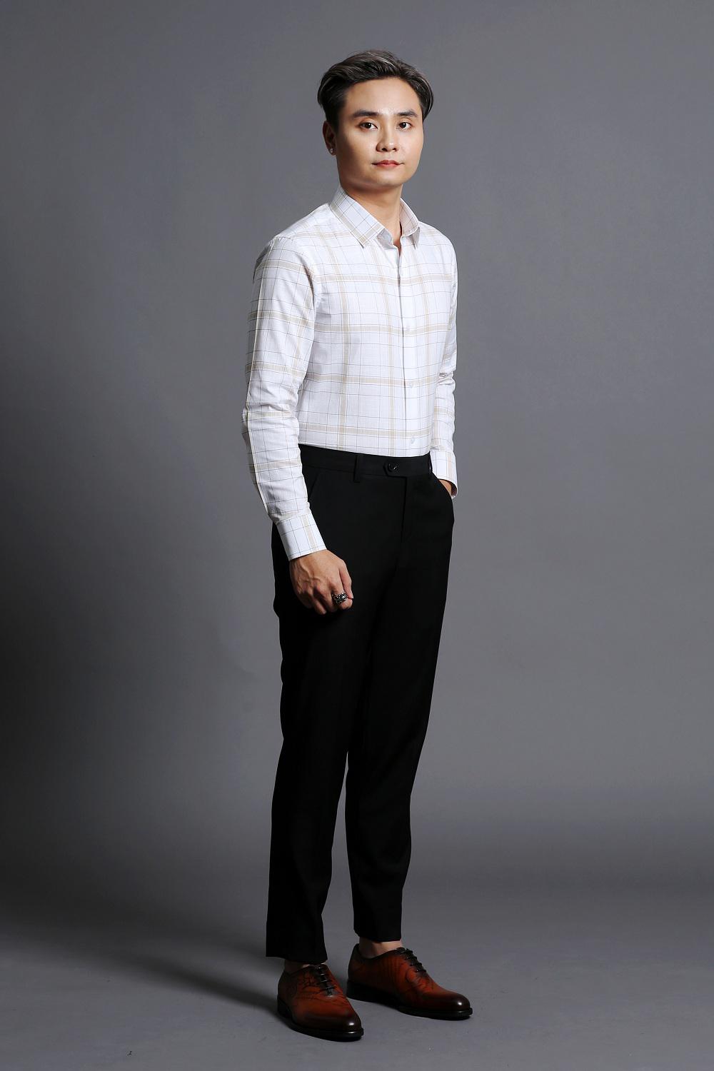 Áo Sơ Mi Nam Trắng Caro Vàng bản vuông